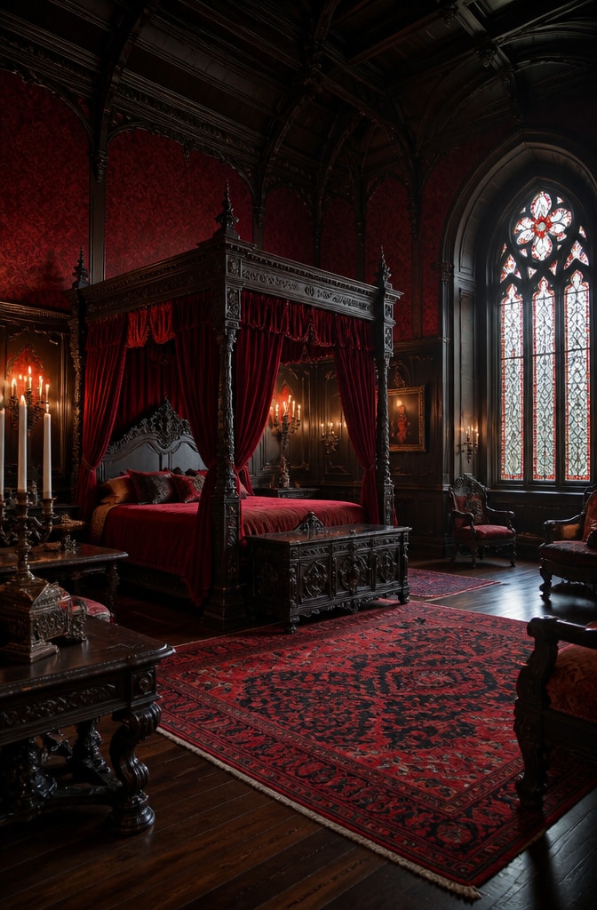 Cherry Red Gothic Revival Bedroom
