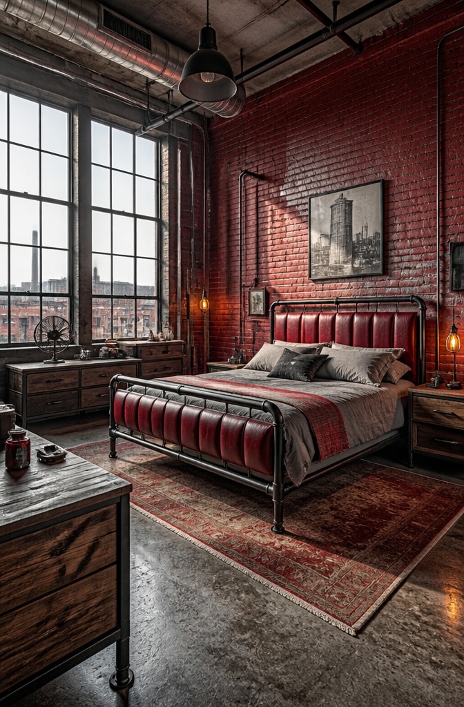 Cherry Red Industrial Loft Bedroom