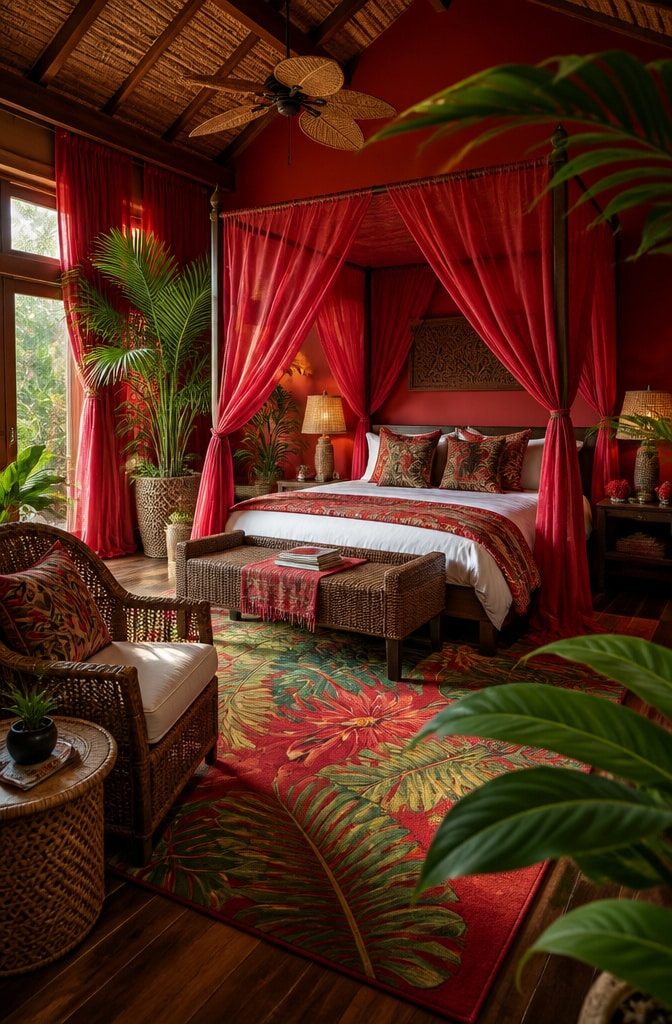 Cherry Red Tropical Jungle Bedroom
