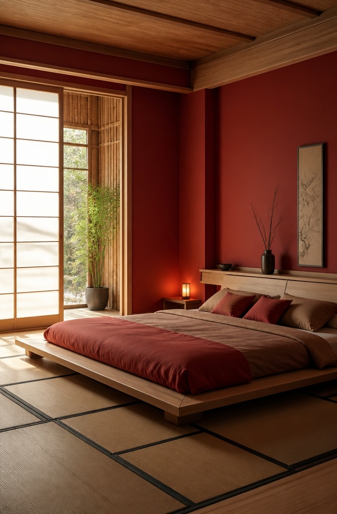 Cherry Red Zen Minimalist Bedroom