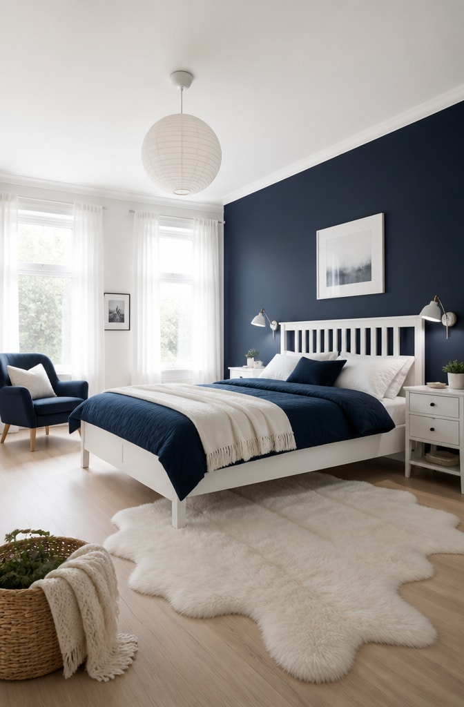 Chic Navy and White Scandinavian Bedroom