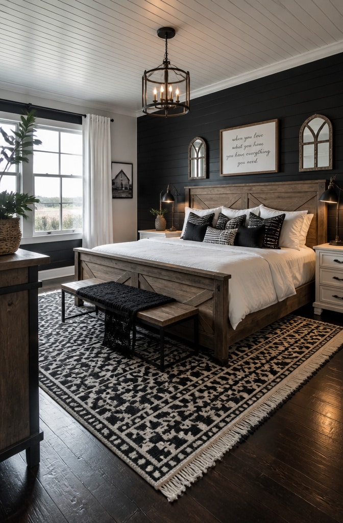 Classic Black and White Farmhouse Bedroom Contrast