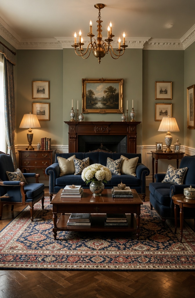 Classic Blue and Sage Traditional Living Room