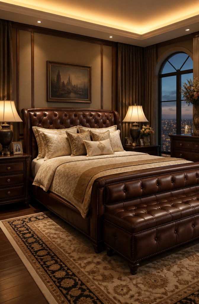 Classic Brown Leather Upholstered Bedroom