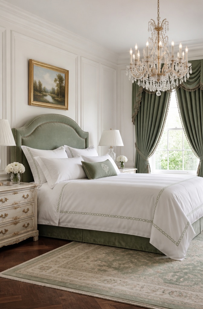 Classic Elegance White and Sage Bedroom