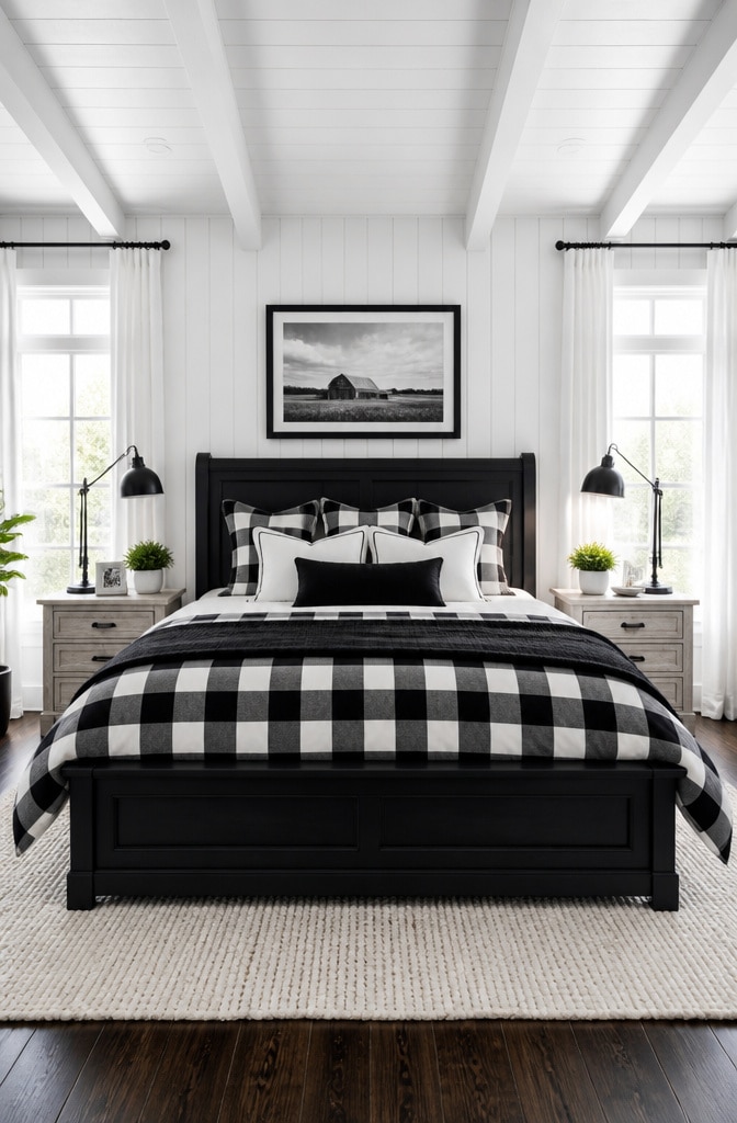 Classic Farmhouse Bedroom with Black and White Contrast
