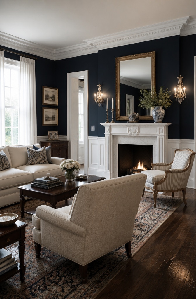 Classic Navy Blue Living Room with White Molding