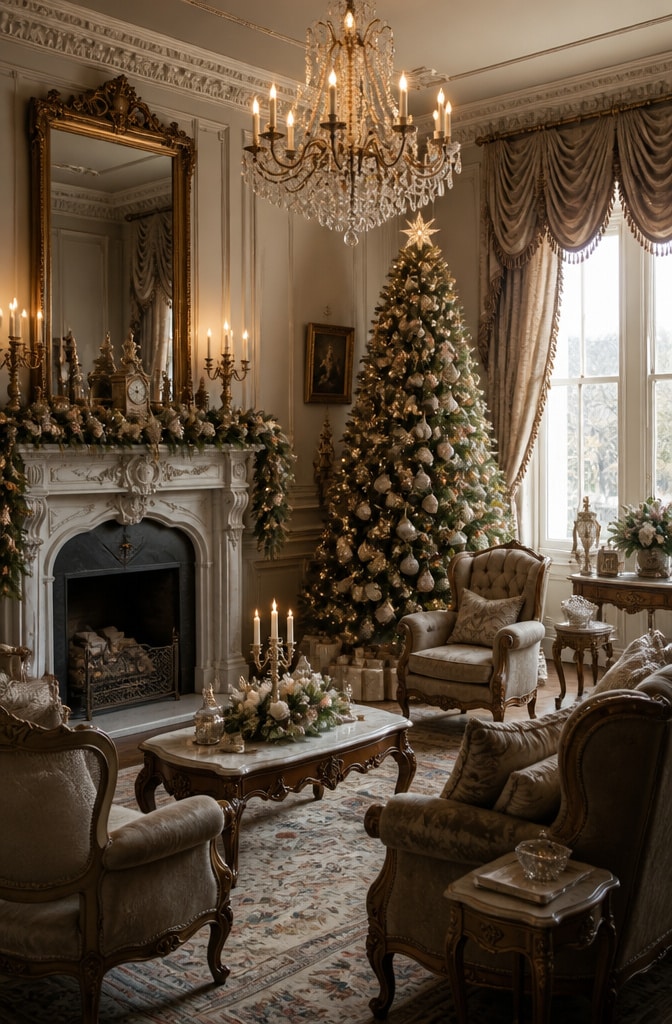 Classic Neutral Victorian Christmas Living Room