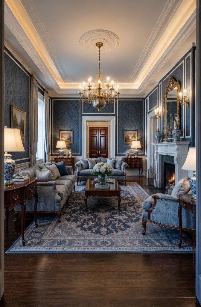 Classic Royal Blue and Grey Traditional Living Room