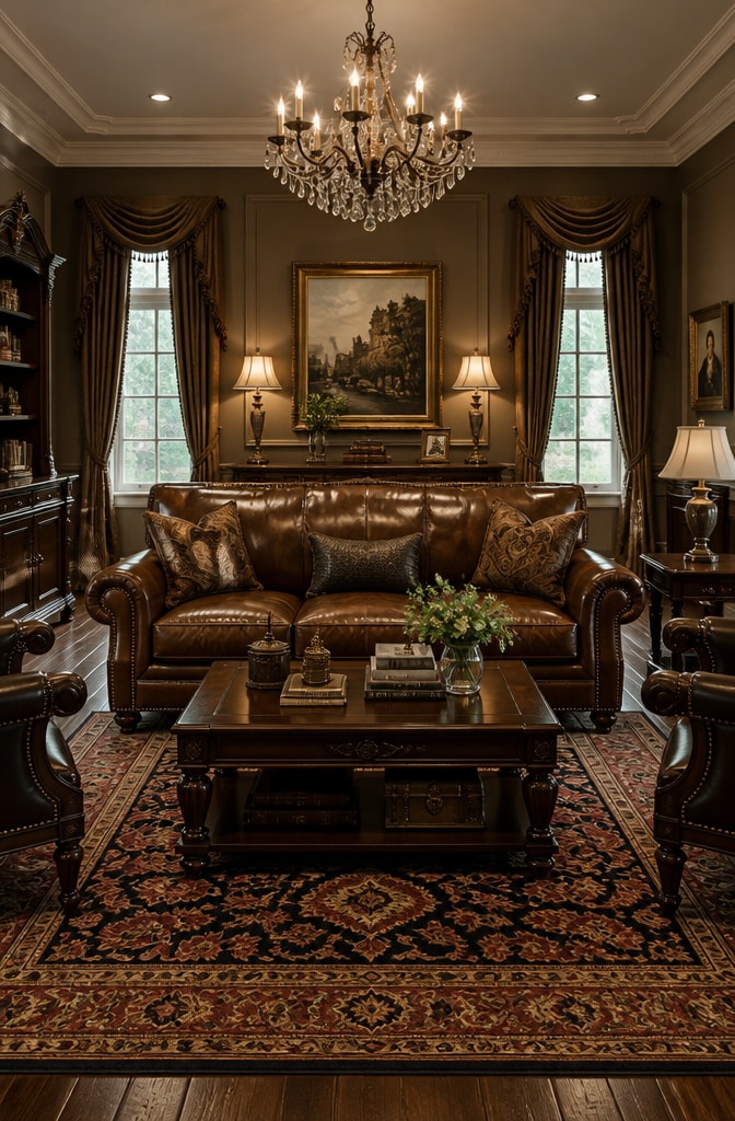 Classic Traditional Brown Leather Couch Living Room