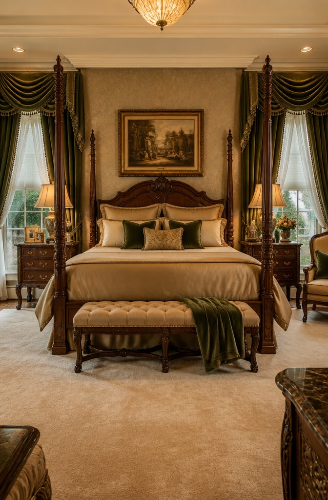 Classic Traditional Green and Beige Bedroom