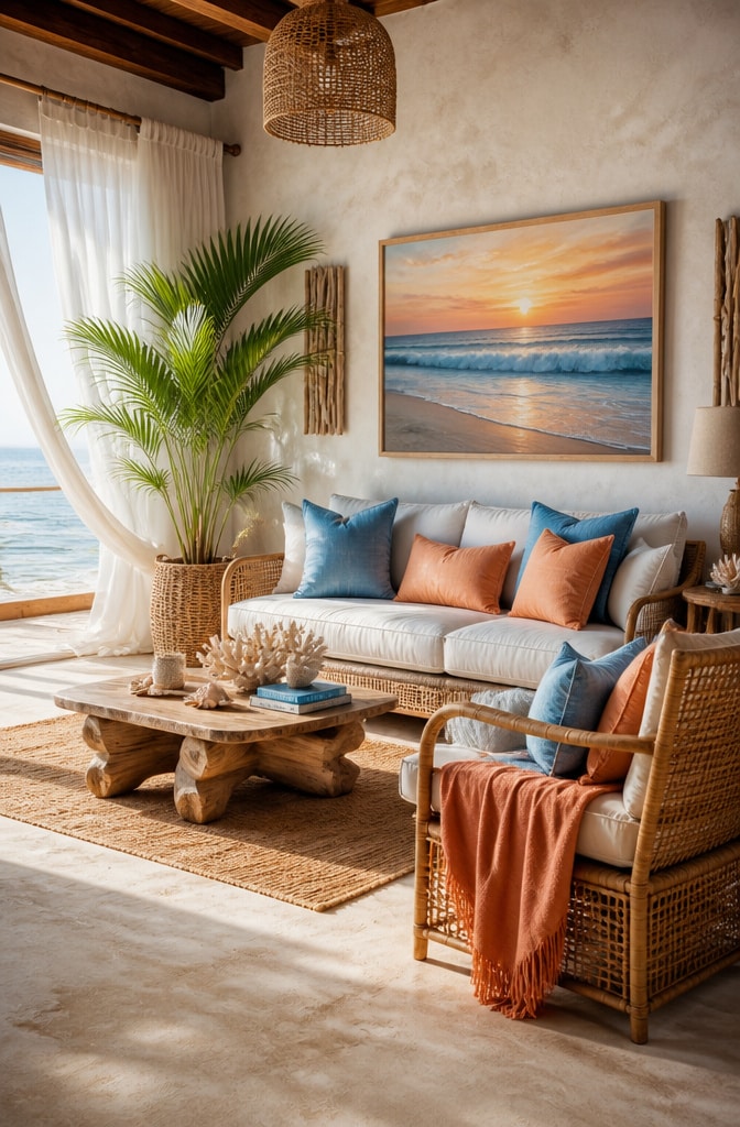 Coastal Blue and Orange Beach-Inspired Living Room