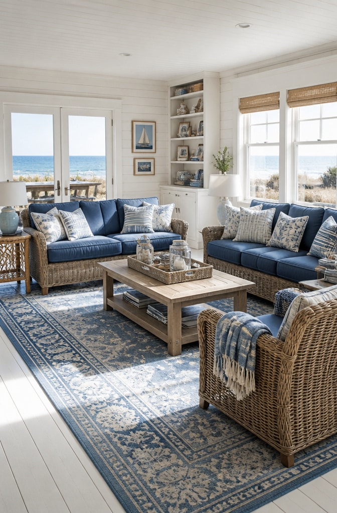 Coastal Blue and Warm Brown Living Room