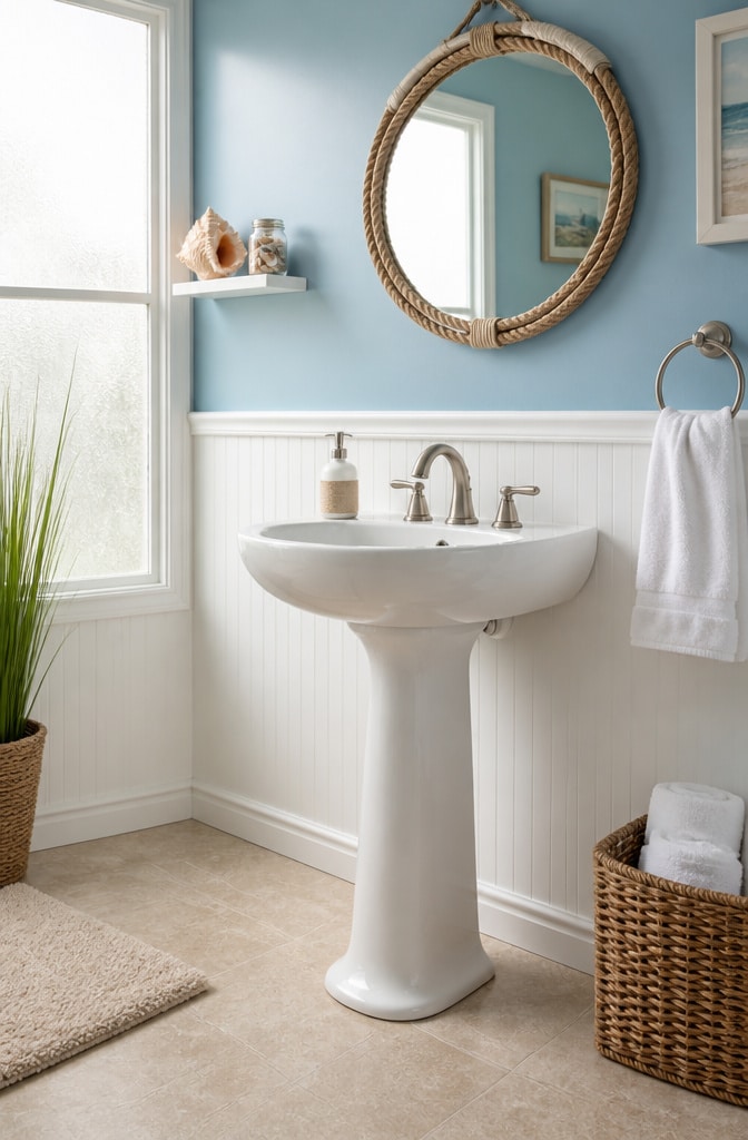 Coastal Blue Pedestal Sink Bathroom