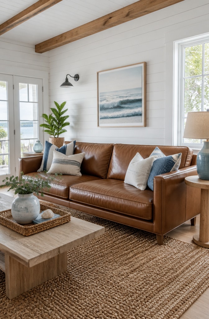 Coastal Brown Leather Sofa Living Room