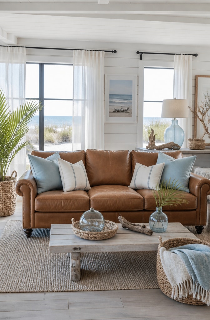 Coastal Brown Leather Sofa Living Room