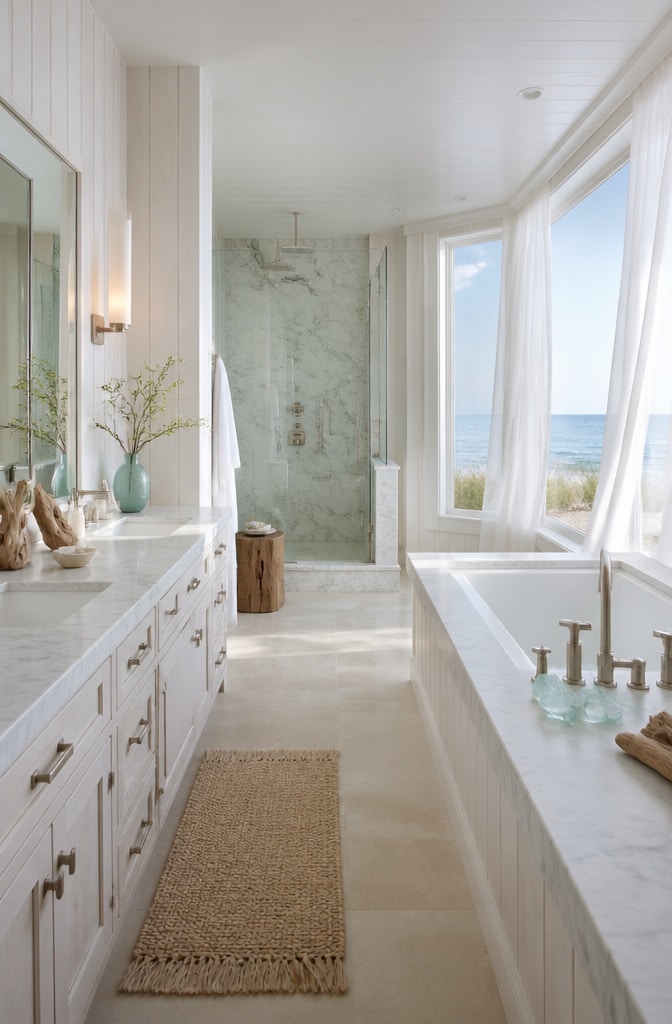 Coastal Carrara Marble Bathroom Retreat