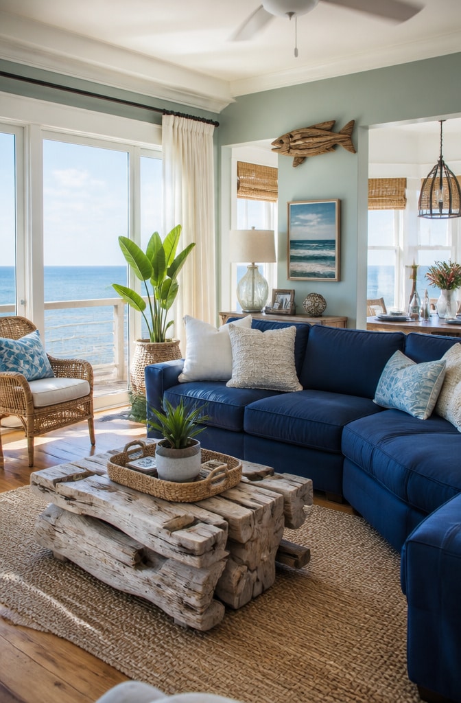 Coastal Chic Dark Blue Sofa Living Room