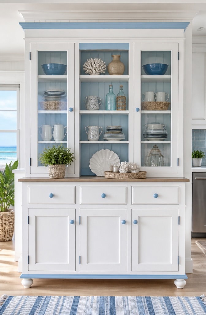 Coastal Farmhouse Hutch in Soft White and Blue