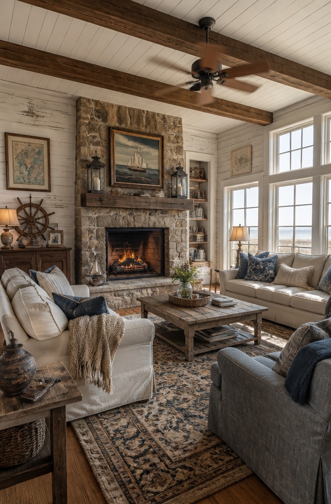 Coastal Farmhouse Living Room with Vintage Charm