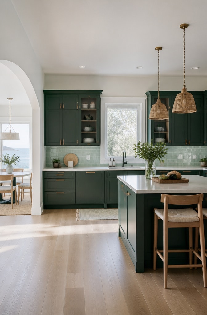 Coastal Forest Green Cabinets with Light Wood Accents
