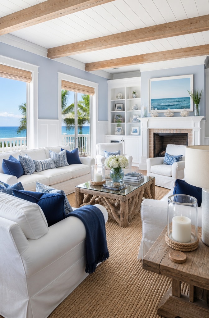 Coastal French Blue Beach House Living Room