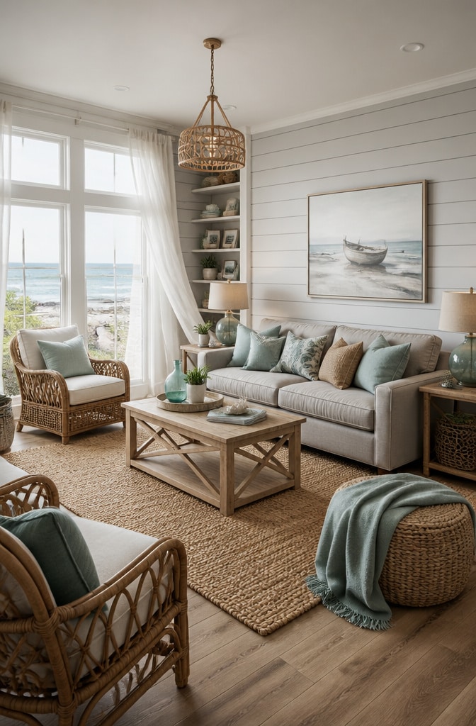 Coastal Gray and Brown Living Room