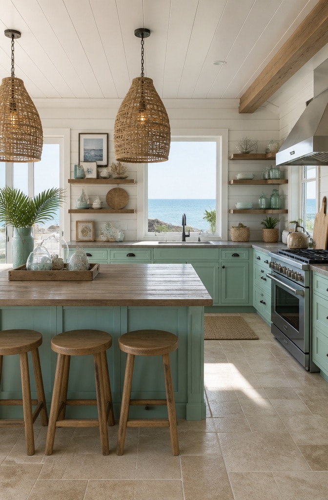 Coastal Green and Brown Beach House Kitchen