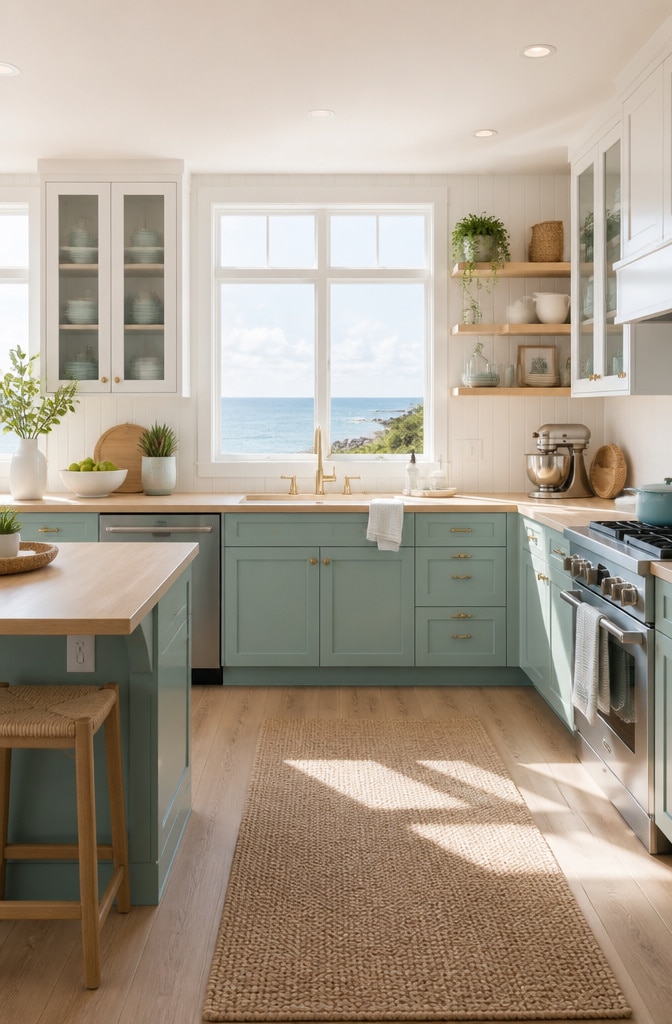 Coastal Green and White Kitchen Cabinets