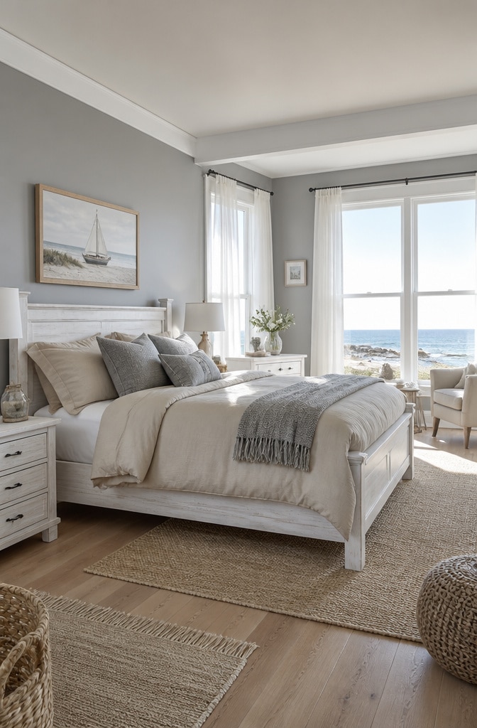 Coastal Grey and Beige Bedroom Escape