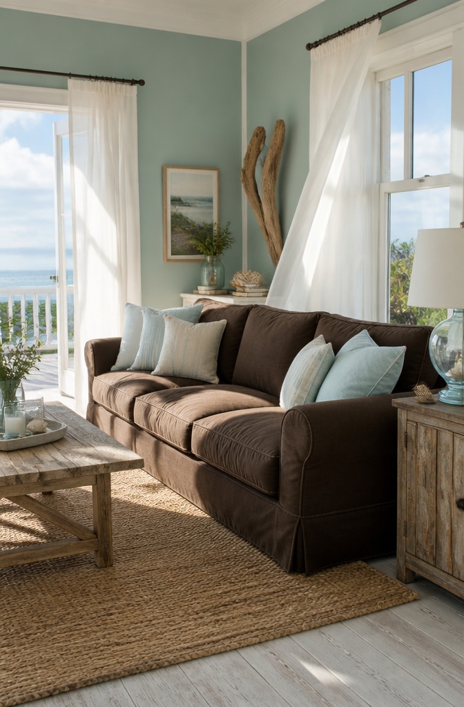 Coastal Inspired Chocolate Brown Couch Living Room