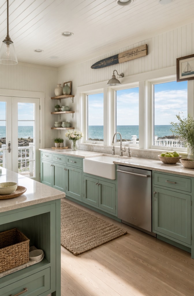 Coastal-Inspired Pewter Green Cabinets