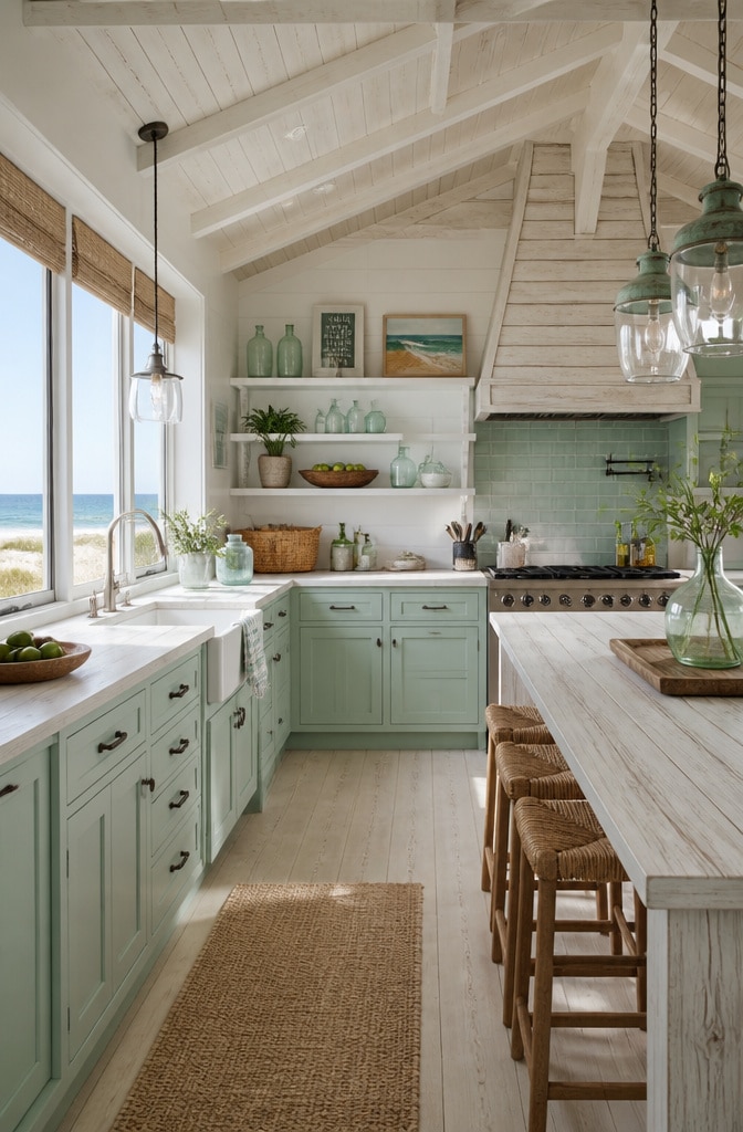 Coastal Mint Green Beach House Kitchen
