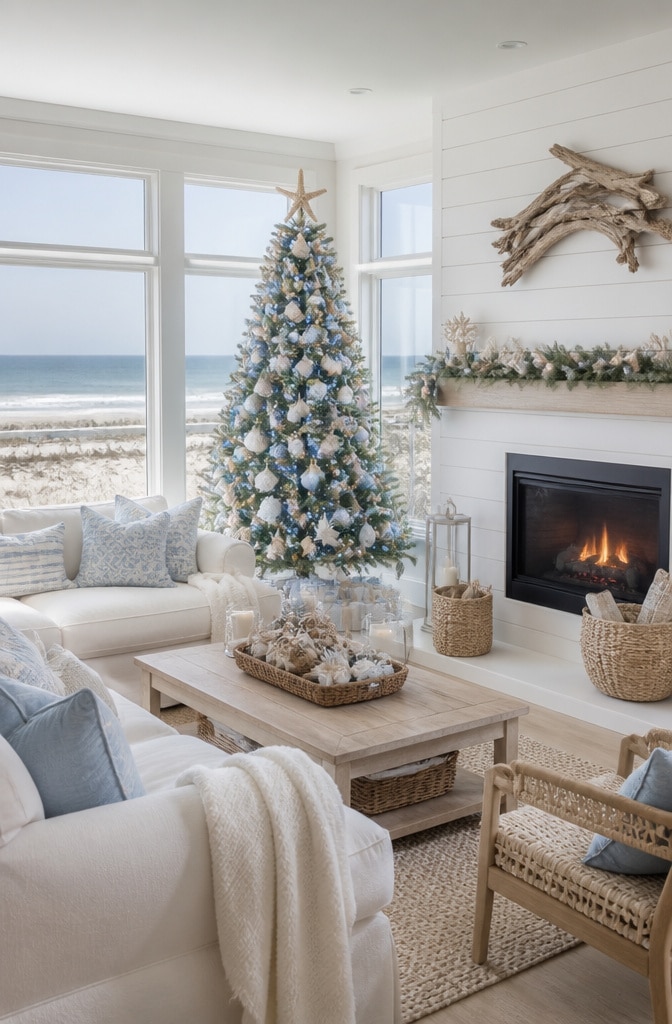 Coastal Modern Christmas Living Room