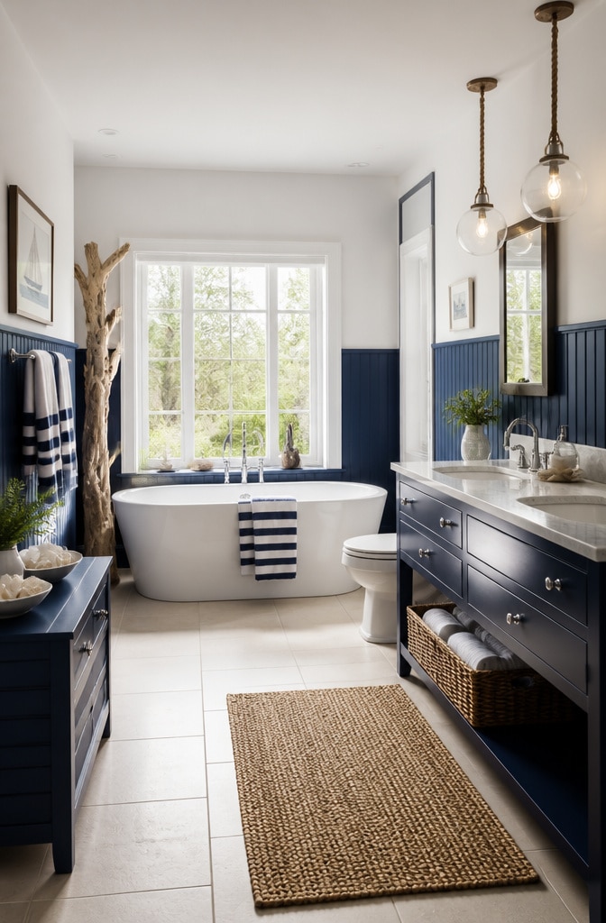 Coastal Navy Blue Beach-Inspired Bathroom