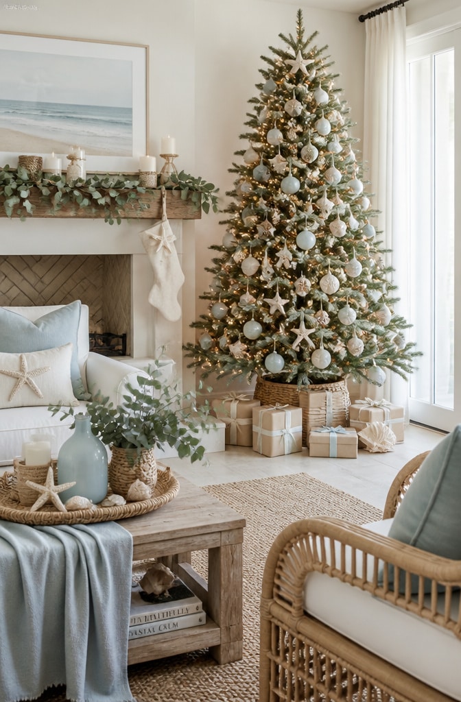 Coastal Neutral Christmas Living Room
