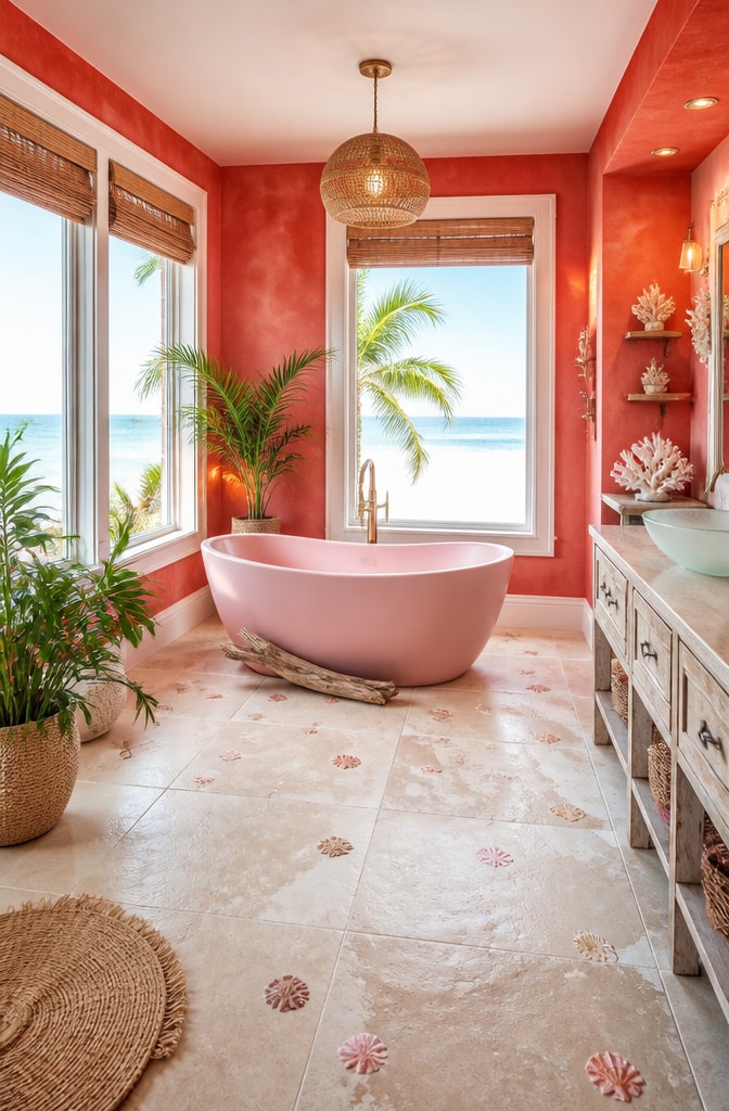 Coastal Pink and Coral Red Bathroom Oasis