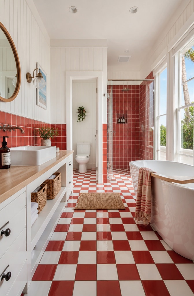 Coastal Red and White Tile Bathroom