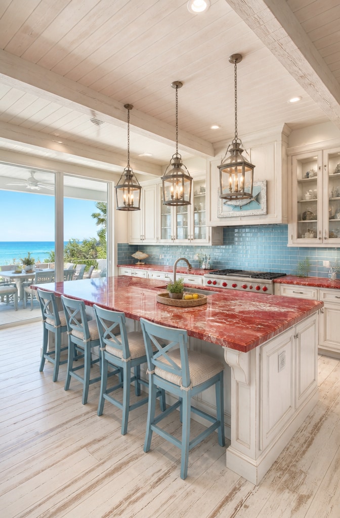 Coastal Red Marble Beach House Kitchen