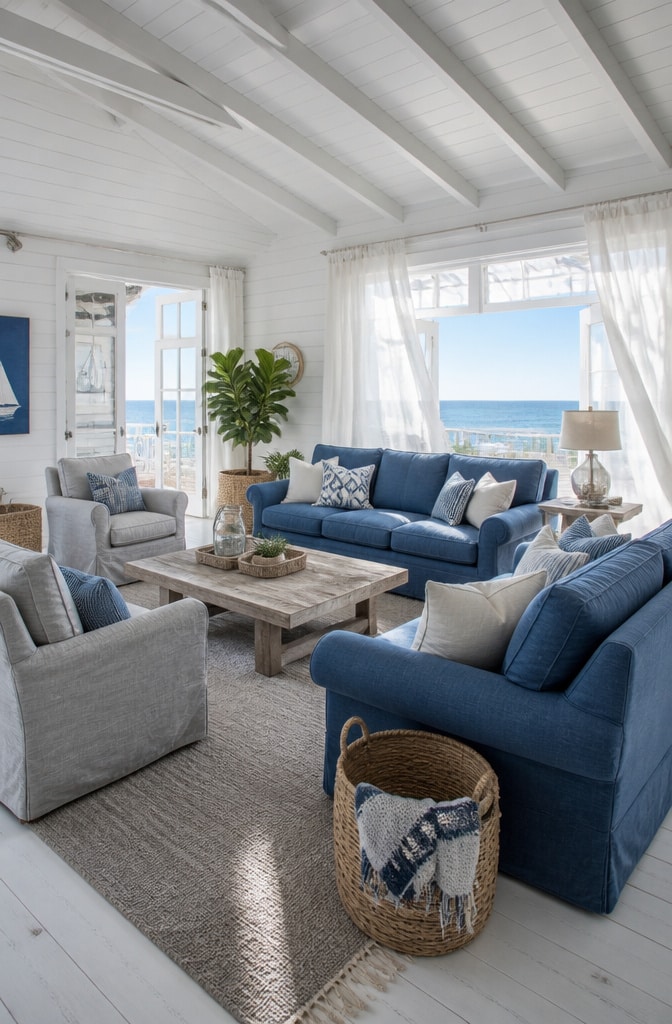 Coastal Royal Blue and Grey Beach House Living Room