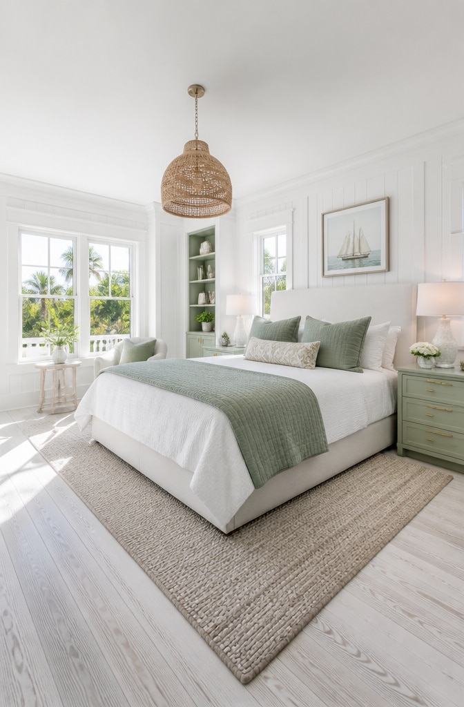 Coastal White and Sage Bedroom Oasis