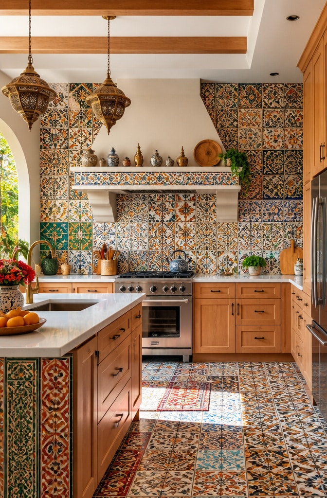 Colorful Geometric Patchwork Moroccan Tile Kitchen