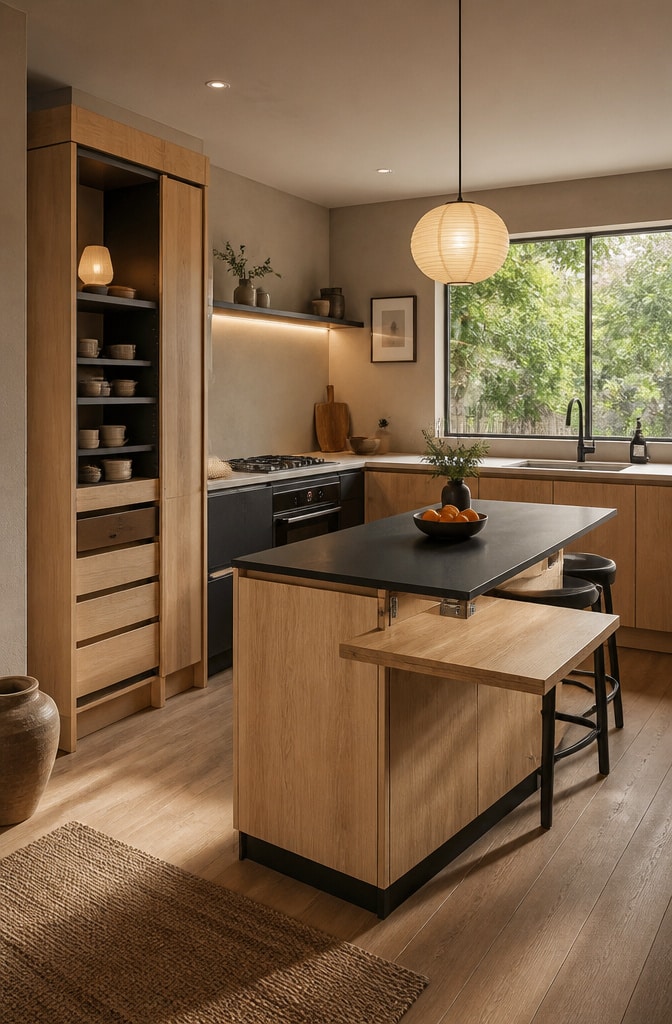 Compact Japandi Kitchen with Foldable Elements