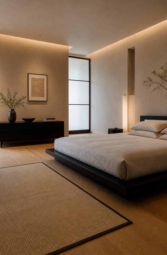 Contemporary Beige and Black Zen Bedroom