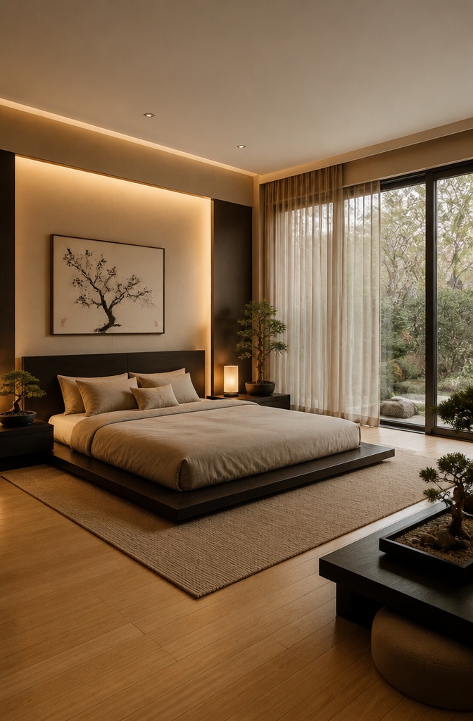 Contemporary Beige and Brown Zen Bedroom