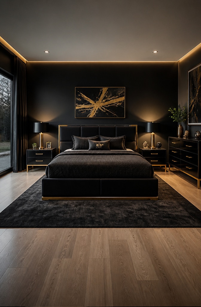 Contemporary Black and Gold Bedroom