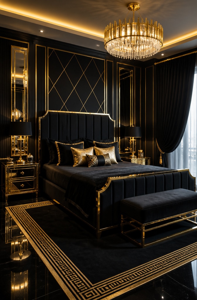 Contemporary Black and Gold Bedroom