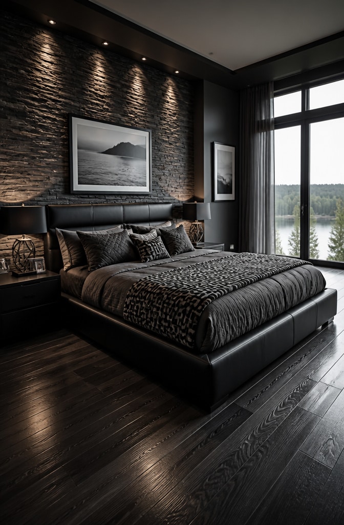 Contemporary Black and Grey Bedroom with Textured Walls