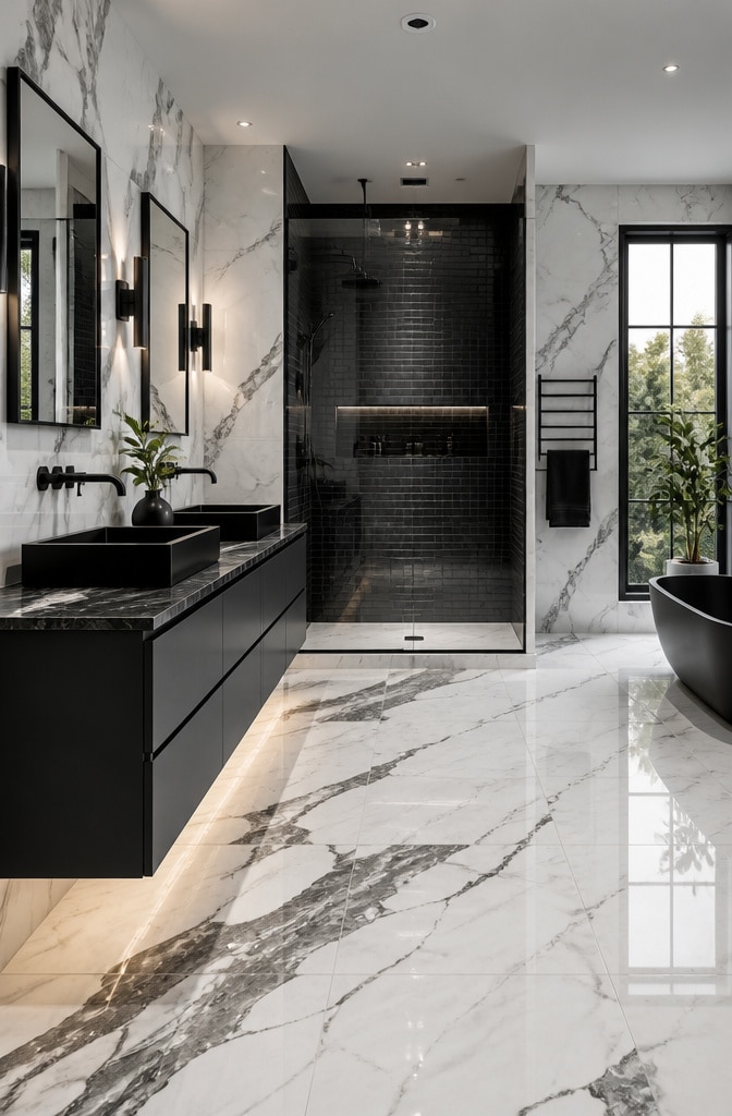 Contemporary Black and White Carrara Marble Bathroom