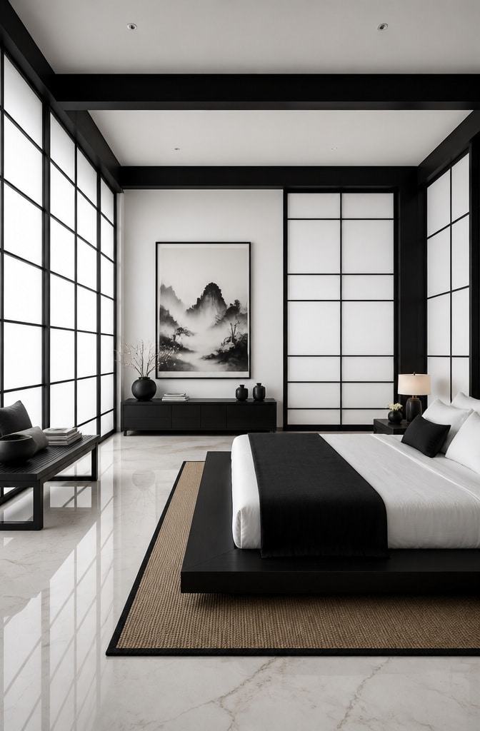 Contemporary Black and White Zen Bedroom